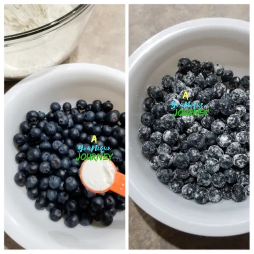 Adding 2 teaspoons of the dry ingredients to the blueberries.