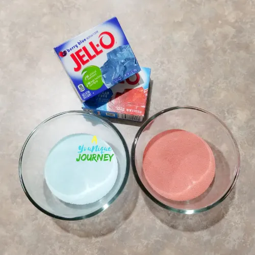 The two flavored gelatin to make the red white & blue jello shots.