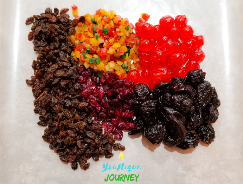 All the fruit to soak for Jamaican Fruit Cake.