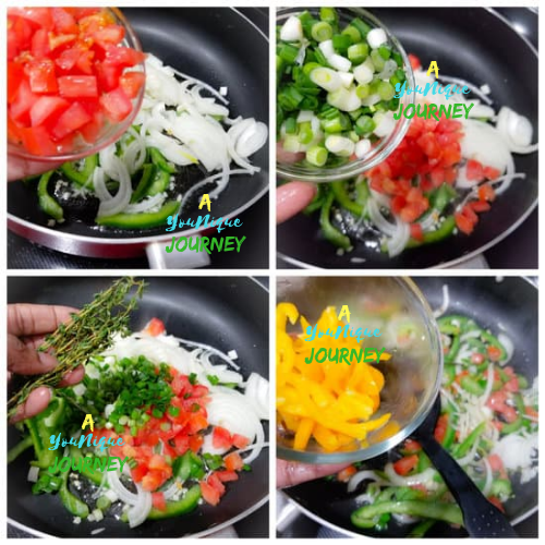 Adding the tomato, scallion, thyme and yellow bell pepper to saute.