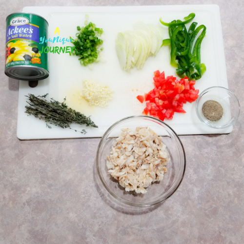 All the ingredients to make Jamaican Ackee and Saltfish Recipe.