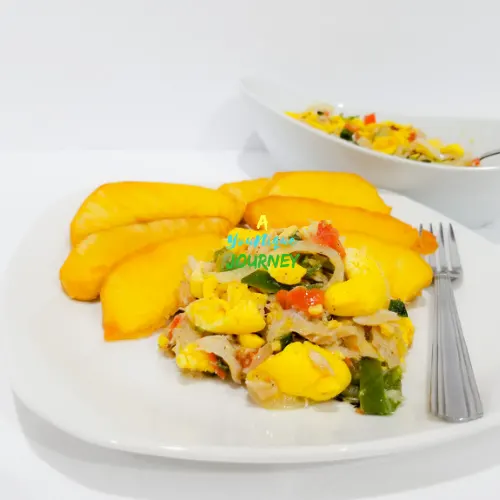 Ackee and Saltfish with fried breadfruit.