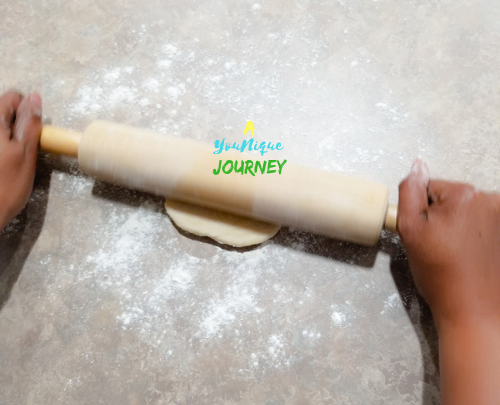 Rolling each pieces with a rolling pin.