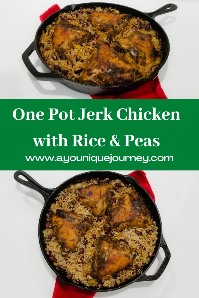 Pinterest Image for One Pot Jerk Chicken with Rice and Peas Recipe.