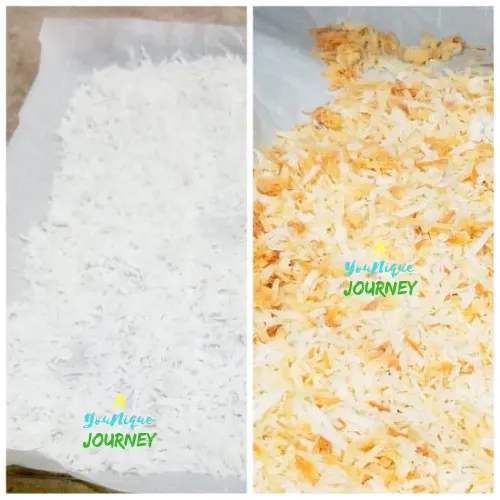 Toasting the sweetened shredded coconut before and after for the Pineapple Coconut Bread.