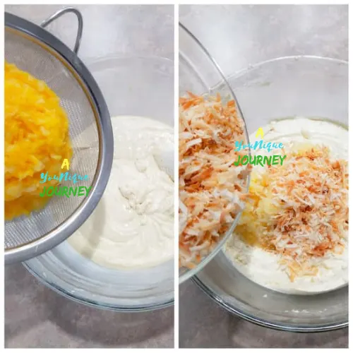 Adding the well drained crushed pineapple and toasted shredded coconut to the mixture to make the Pineapple Coconut Bread.