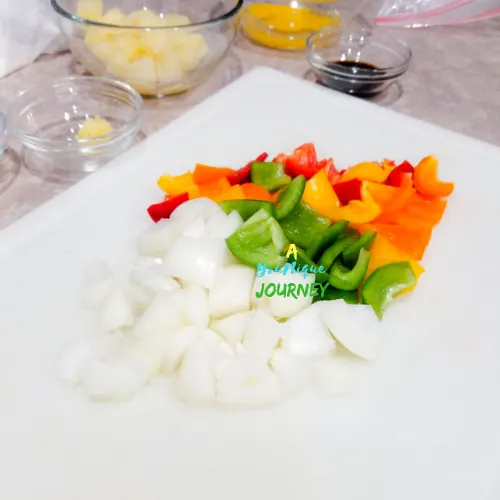 Chopped vegetables to use in the sweet and sour chicken recipe.