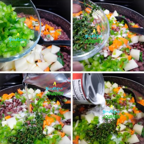 Adding green bell peppers, thyme, water and coconut milk to make the Jamaican Vegan Stew Peas.